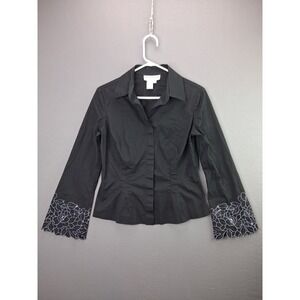 Basix II Button Up Shirt Women 10 Black Floral Embroidered Scallop Cuff Cotton